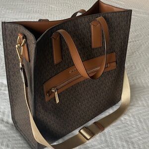 Michael Kors Brown and Tan Logo Shoulder Tote with Gold Hardware